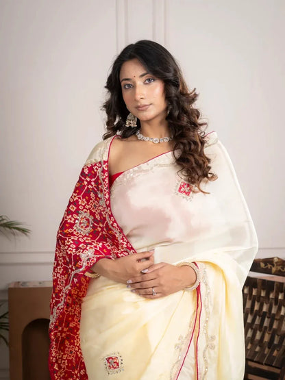 Strawberry Beige Bandhani Patola Silk Saree with Zardozi Work