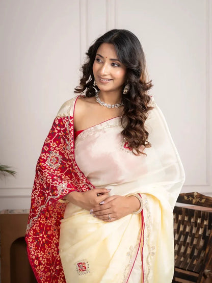 Strawberry Beige Bandhani Patola Silk Saree with Zardozi Work