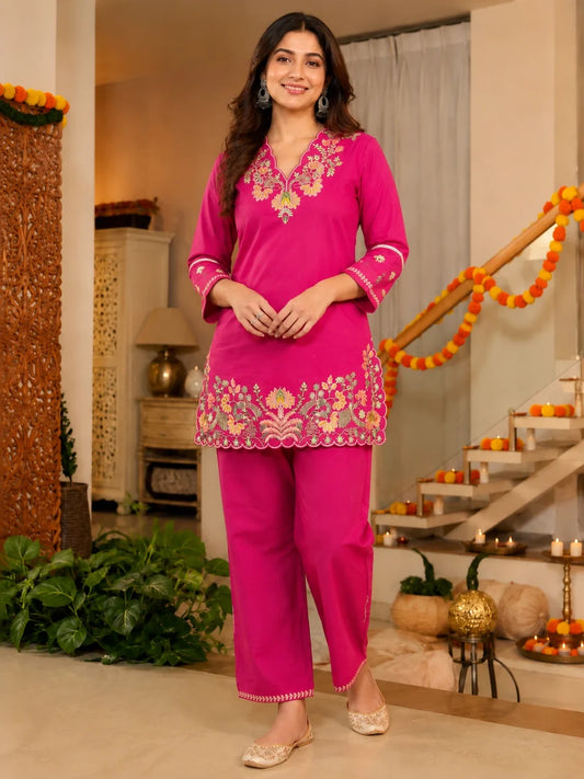 Fuchsia Pink Embroidered Cotton Co-ord Set