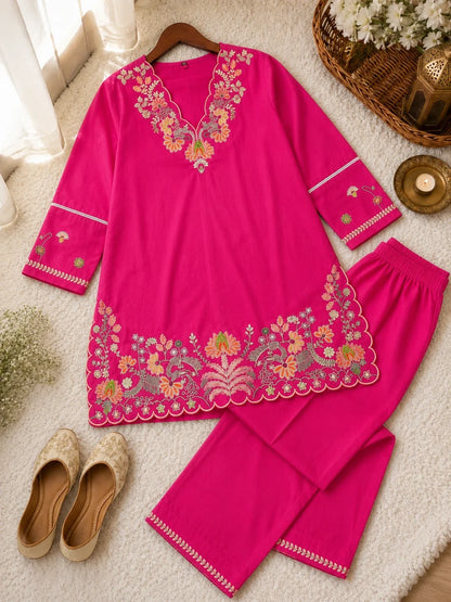 Fuchsia Pink Embroidered Cotton Co-ord Set