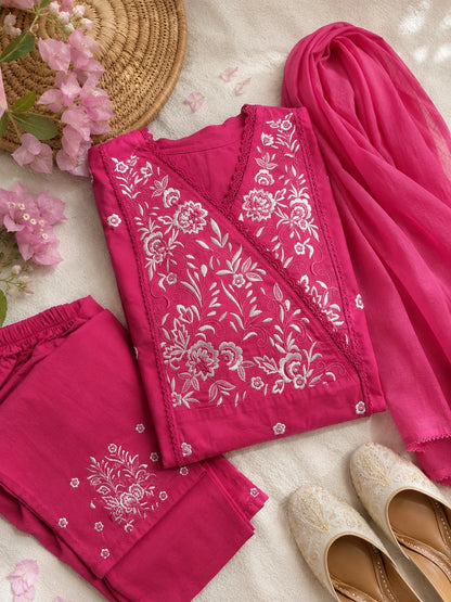 Pink Cotton Embroidered Kurta Set