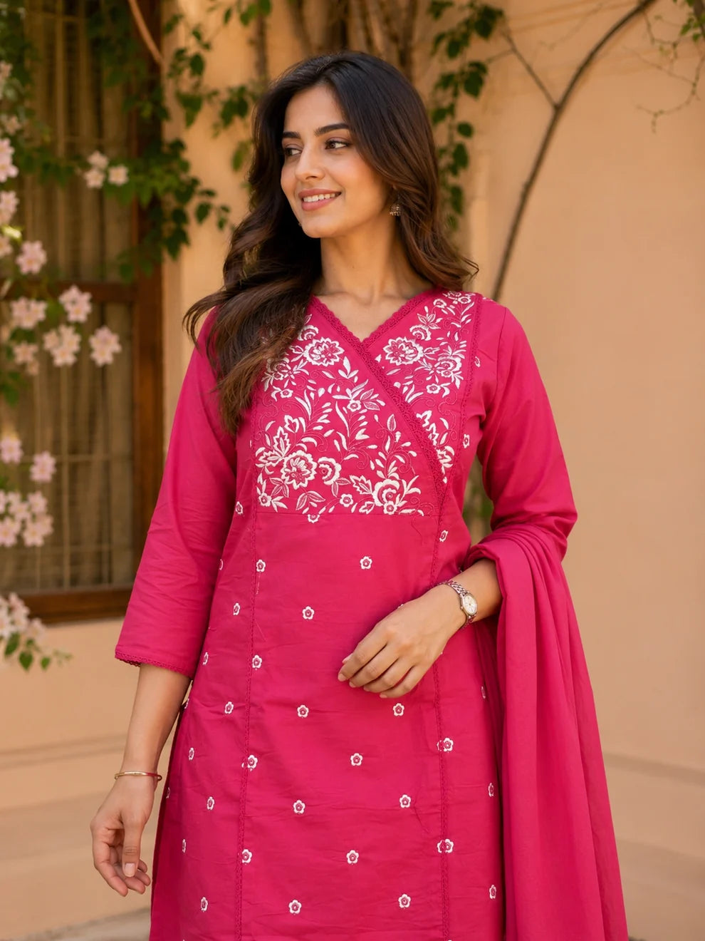 Pink Cotton Embroidered Kurta Set