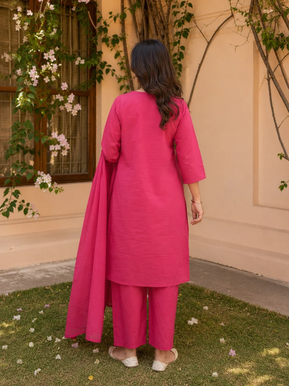Pink Cotton Embroidered Kurta Set