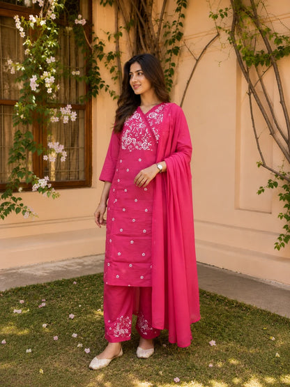 Pink Cotton Embroidered Kurta Set