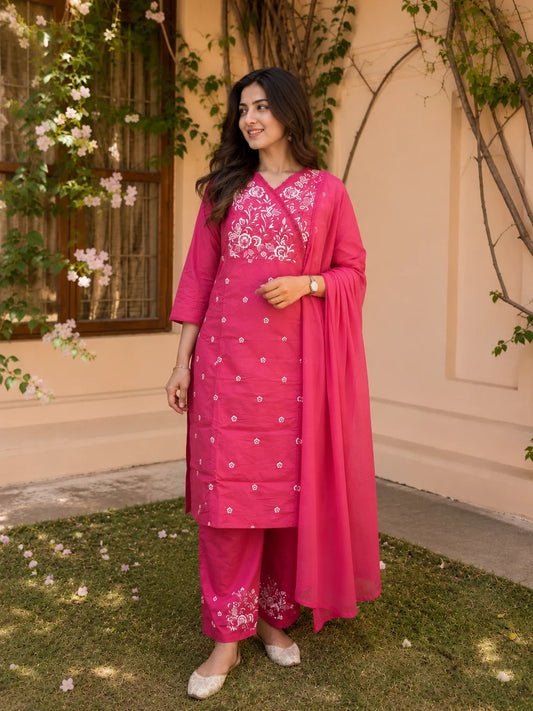 Pink Cotton Embroidered Kurta Set