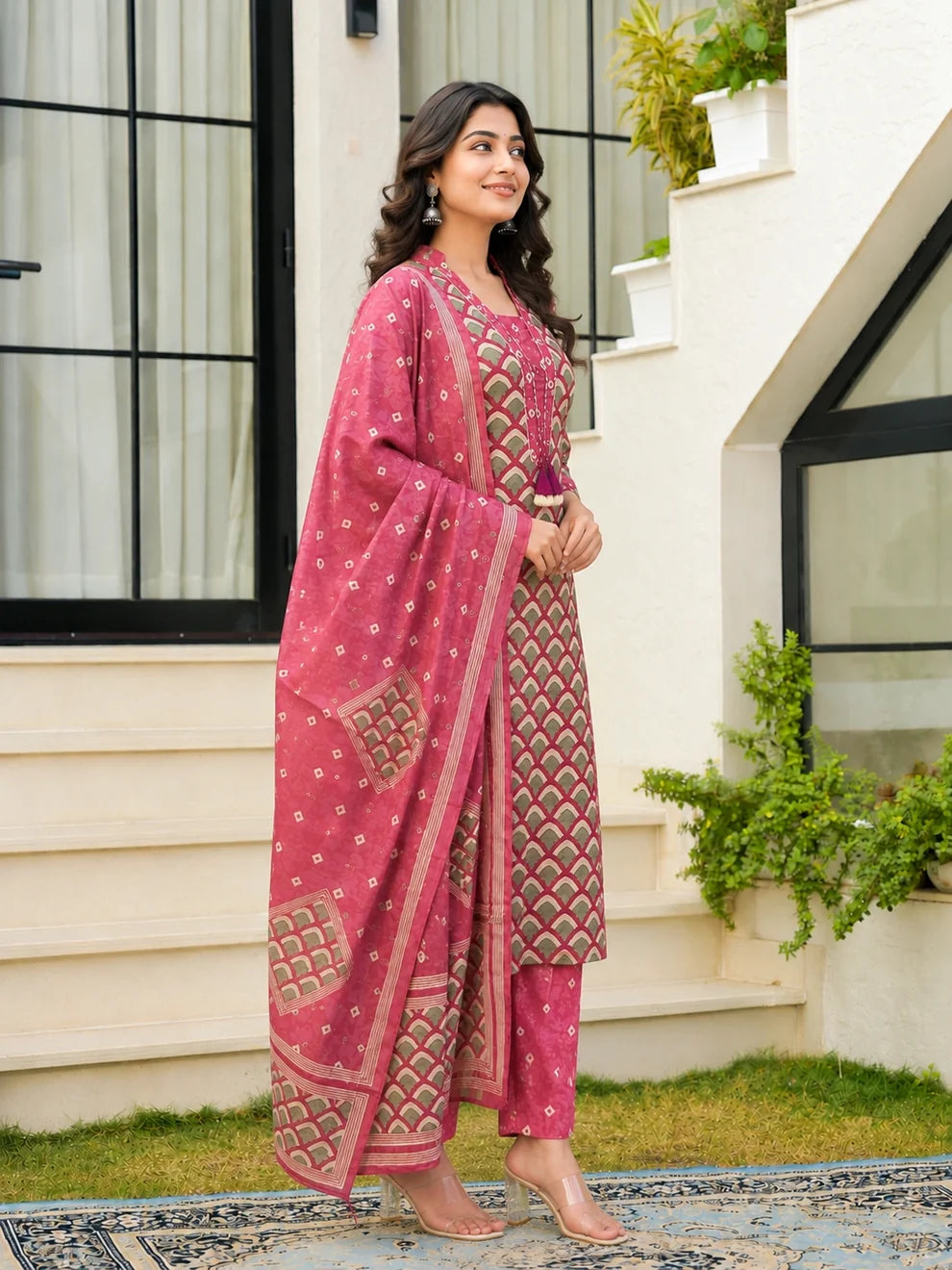 Dusty Pink Cotton Printed Suit Set