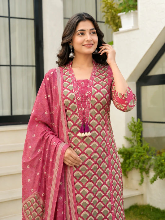 Dusty Pink Cotton Printed Suit Set