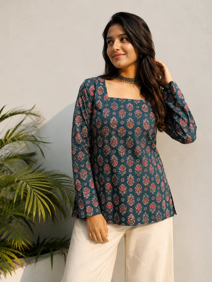 Green Butta Printed Short Kurti