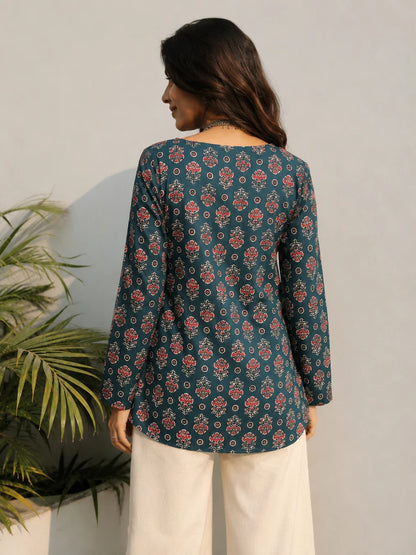 Green Butta Printed Short Kurti
