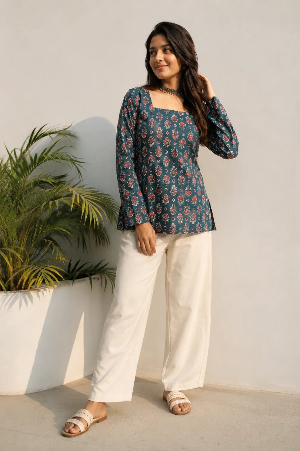 Green Butta Printed Short Kurti