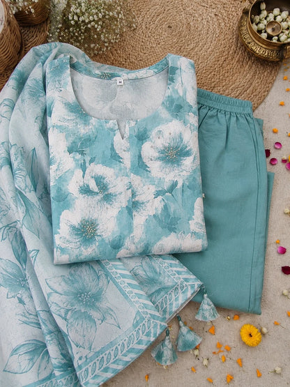 Turquoise Blue Cotton Silk Blend Kurta Set
