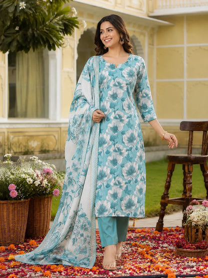 Turquoise Blue Cotton Silk Blend Kurta Set