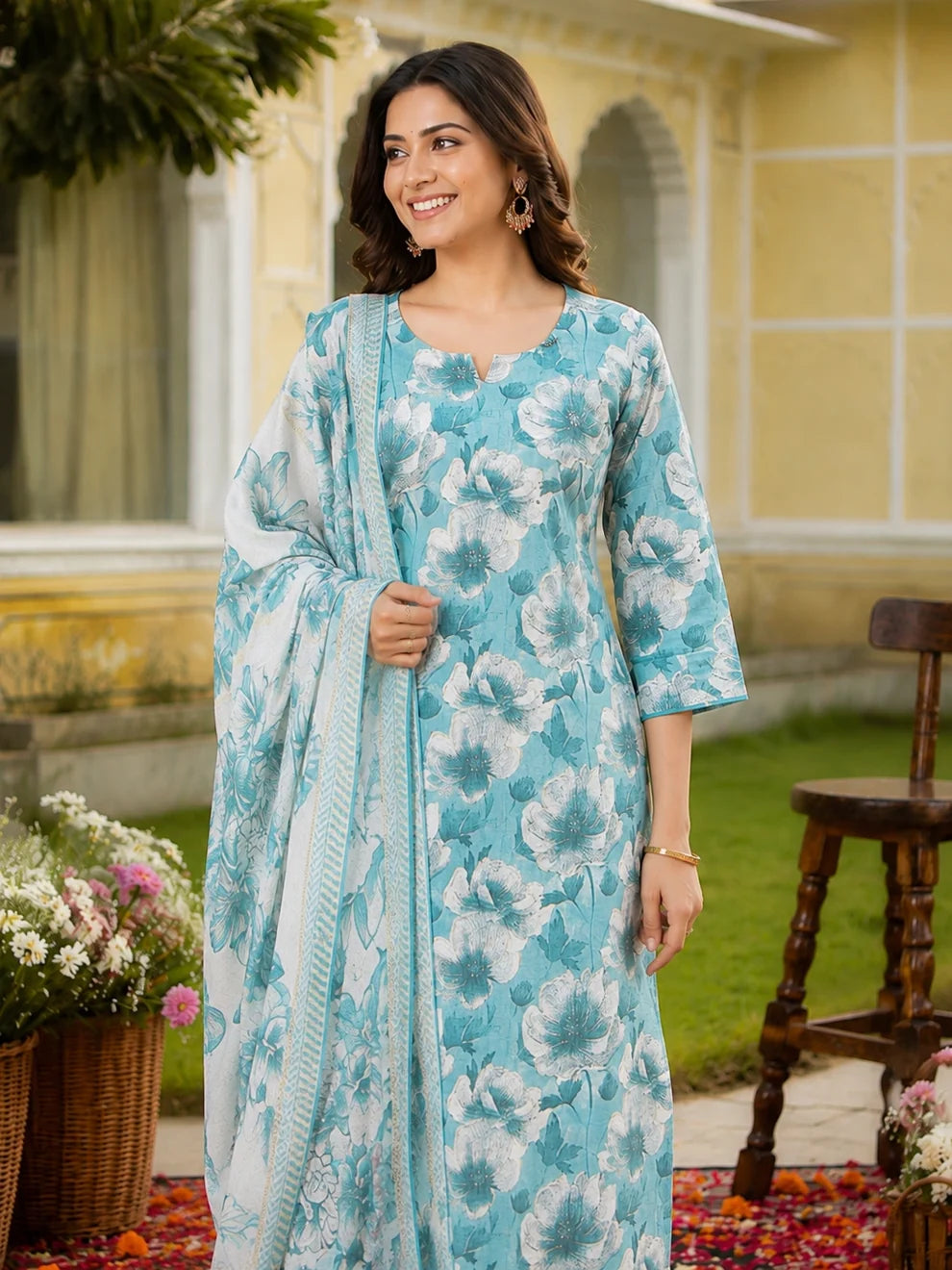Turquoise Blue Cotton Silk Blend Kurta Set
