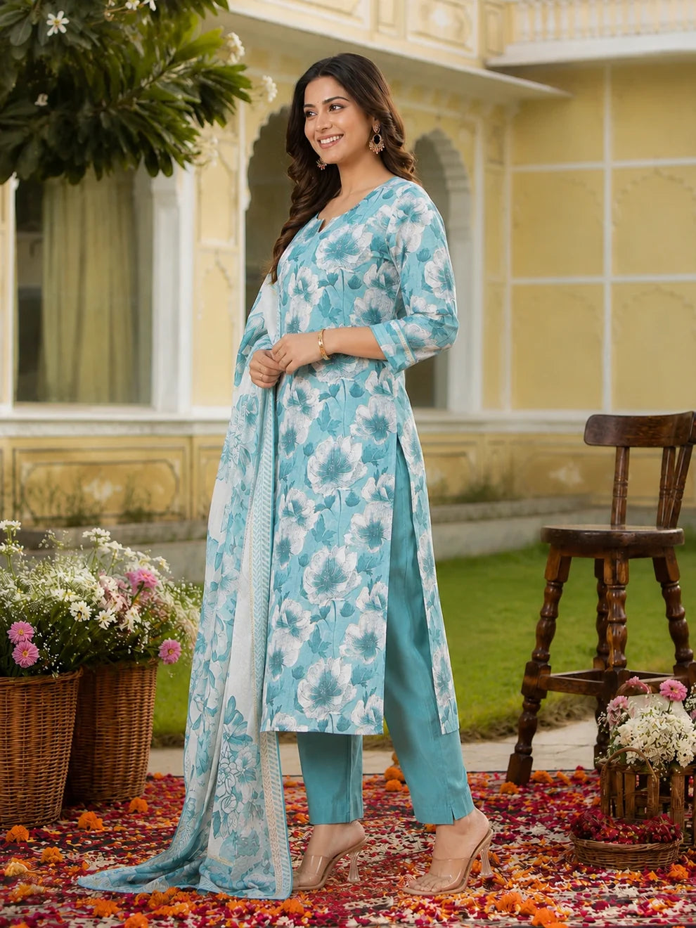 Turquoise Blue Cotton Silk Blend Kurta Set
