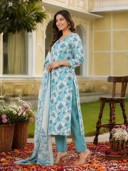 Turquoise Blue Cotton Silk Blend Kurta Set