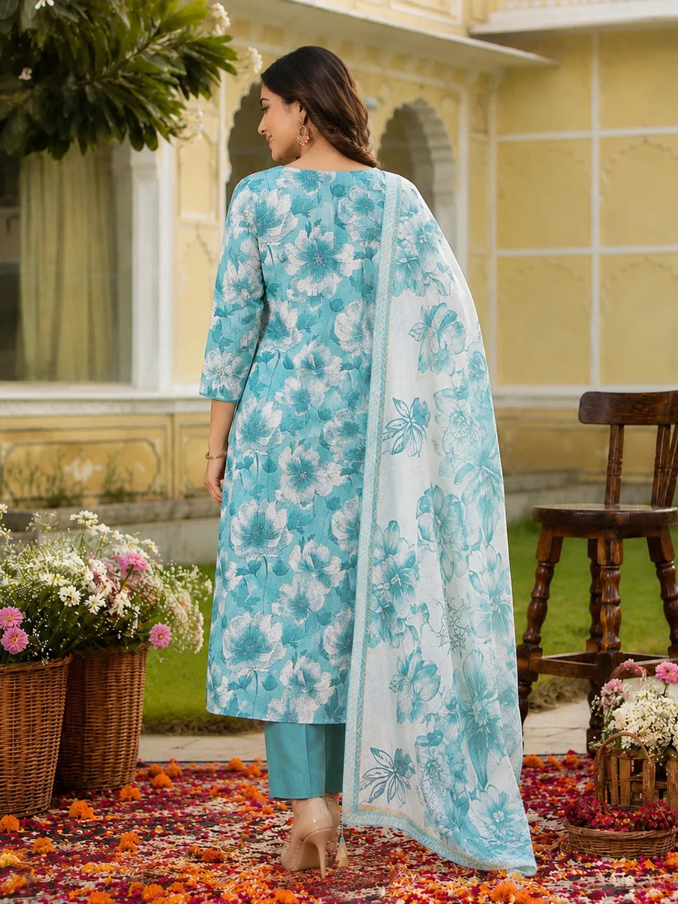 Turquoise Blue Cotton Silk Blend Kurta Set