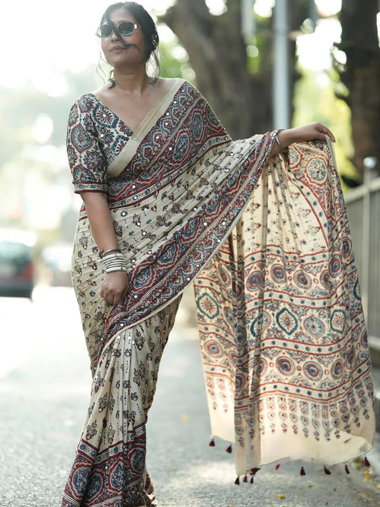 Ivory Modal Silk Ajrakh Printed Saree with Traditional Floral Motifs, Heritage Border & Tassel Detailing