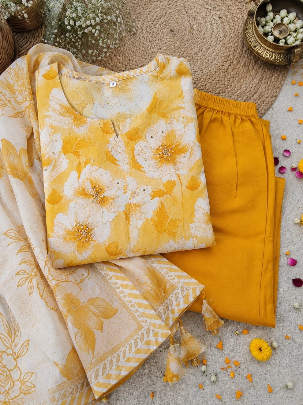 Yellow Cotton Silk Blend Kurta Set