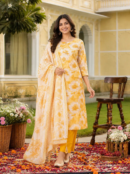 Yellow Cotton Silk Blend Kurta Set