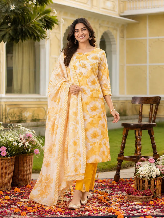 Yellow Cotton Silk Blend Kurta Set