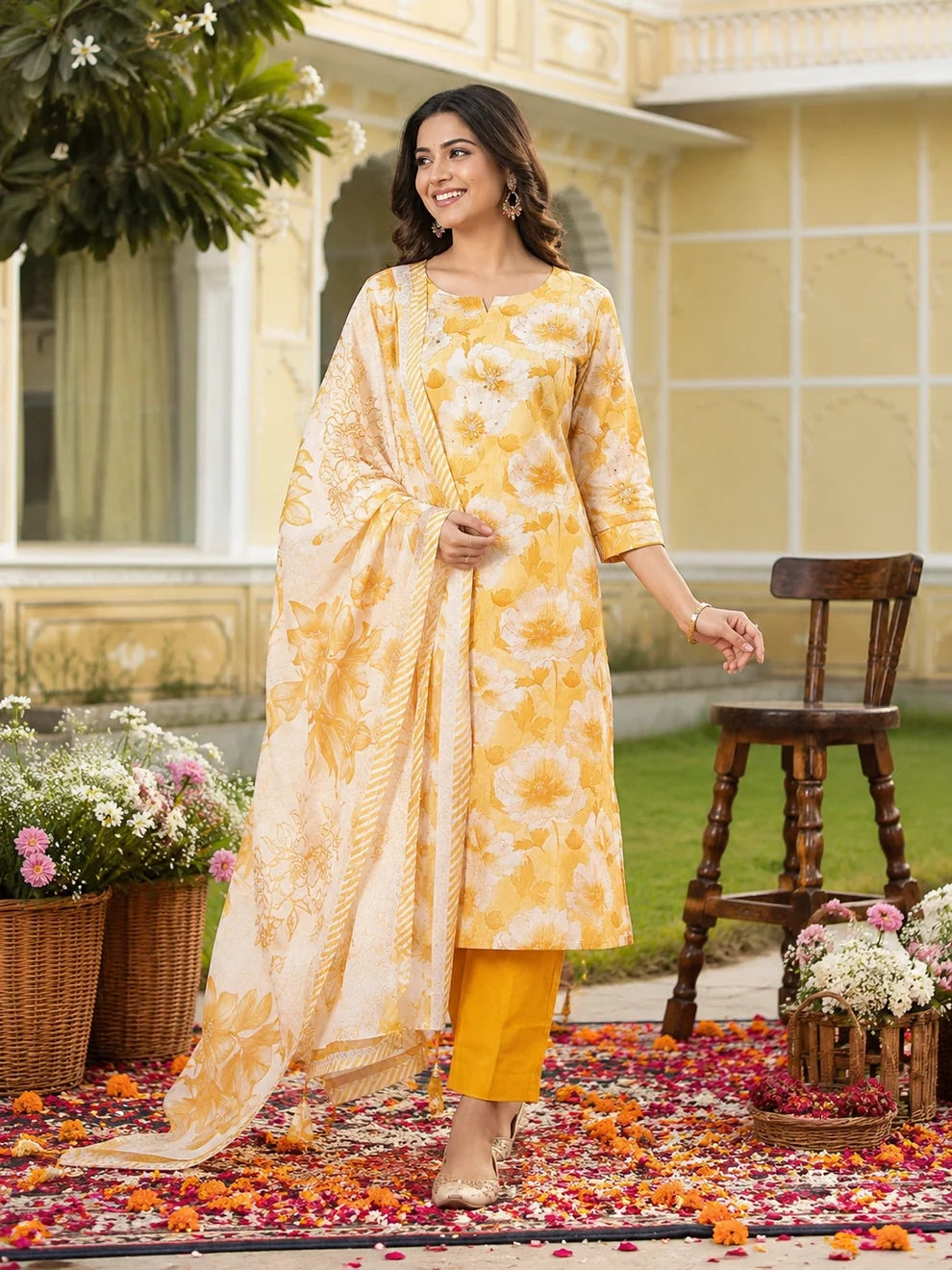 Yellow Cotton Silk Blend Kurta Set