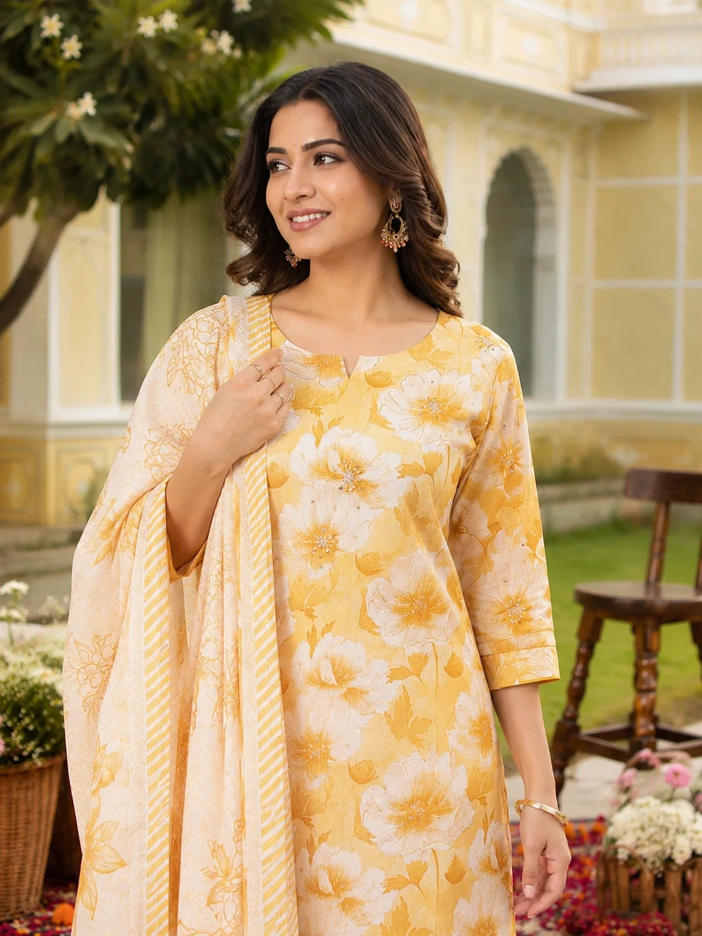 Yellow Cotton Silk Blend Kurta Set