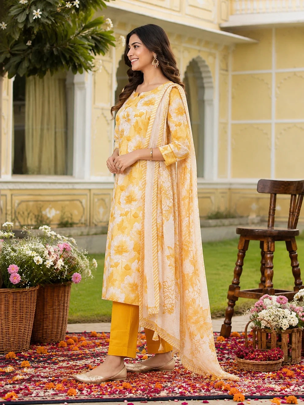 Yellow Cotton Silk Blend Kurta Set