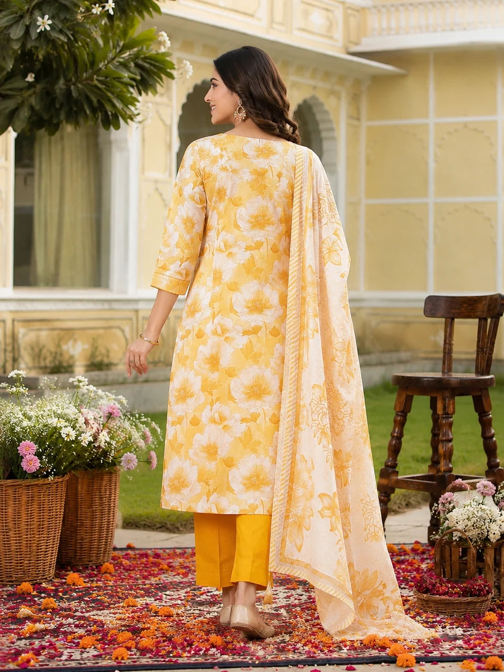 Yellow Cotton Silk Blend Kurta Set