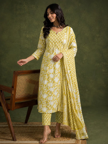 Lime Yellow Jaipuri Printed Cotton Suit