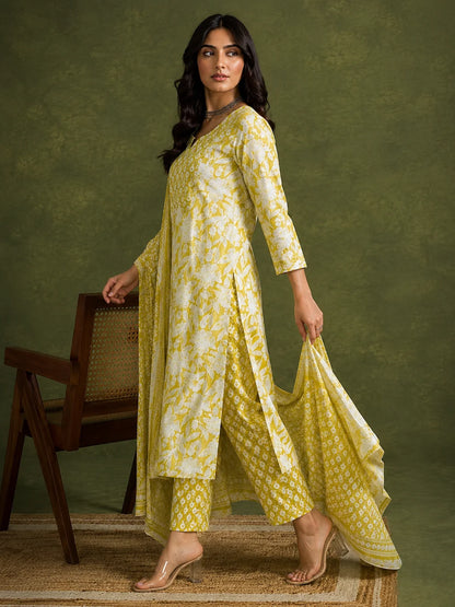 Lime Yellow Jaipuri Printed Cotton Suit