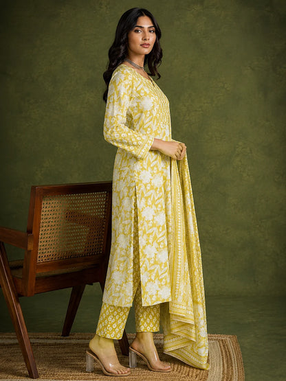 Lime Yellow Jaipuri Printed Cotton Suit