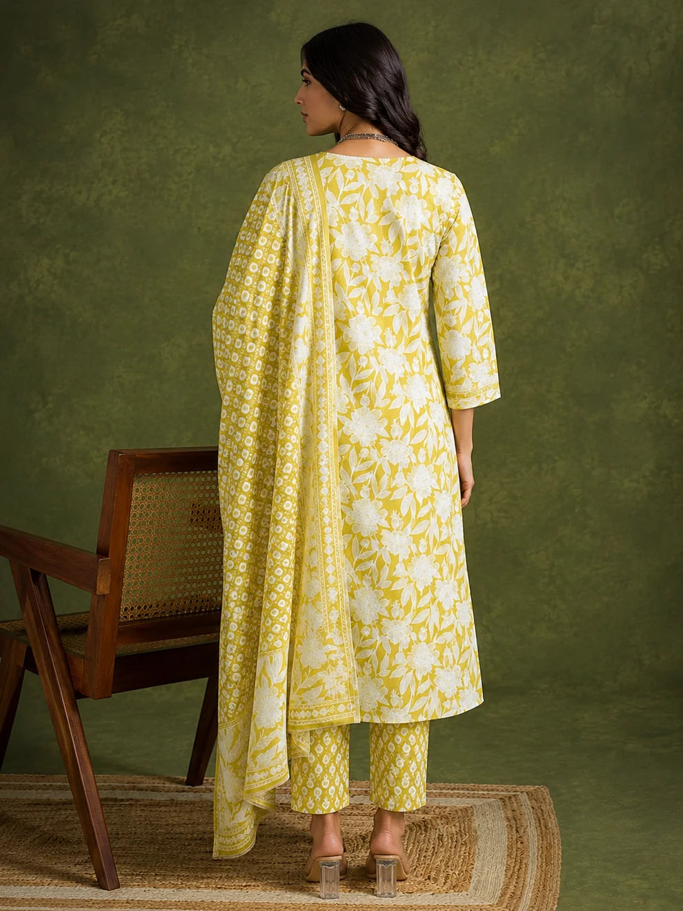 Lime Yellow Jaipuri Printed Cotton Suit