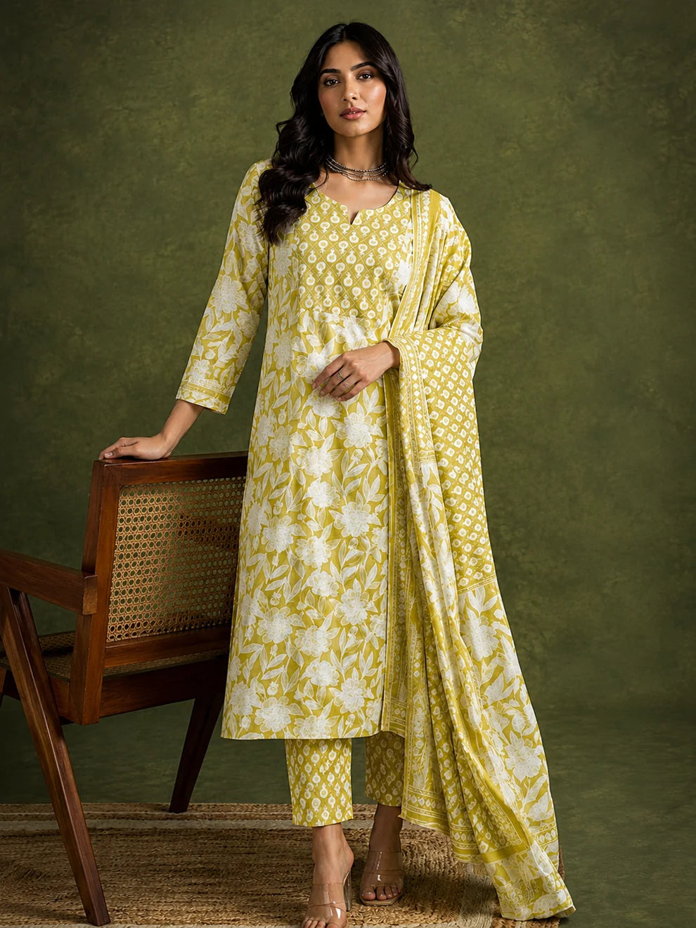 Lime Yellow Jaipuri Printed Cotton Suit