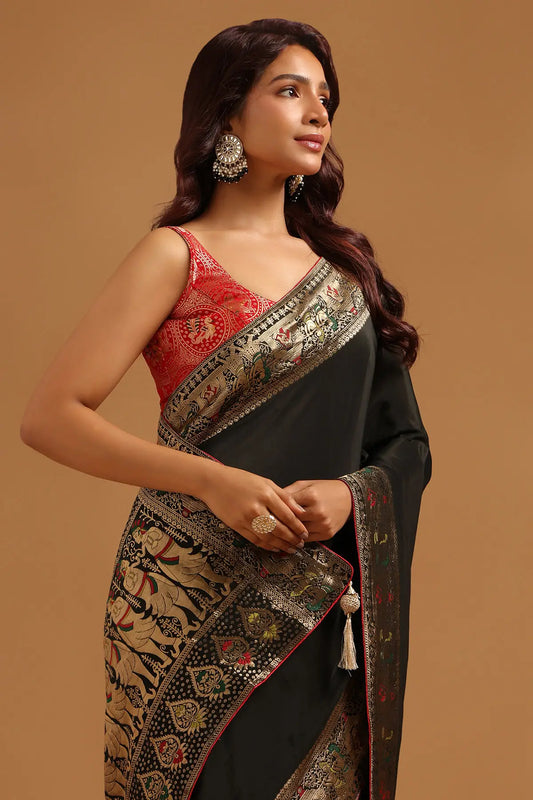 Black Satin Ethnic Motifs Zari Woven Saree