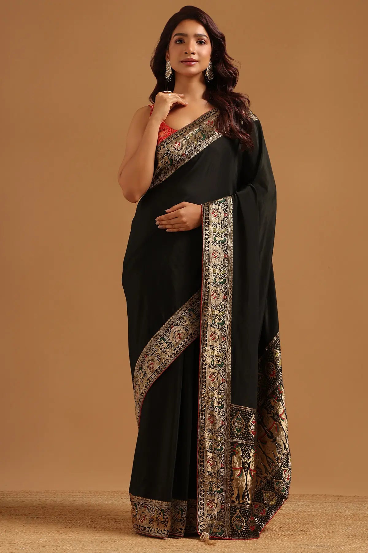 Black Satin Ethnic Motifs Zari Woven Saree
