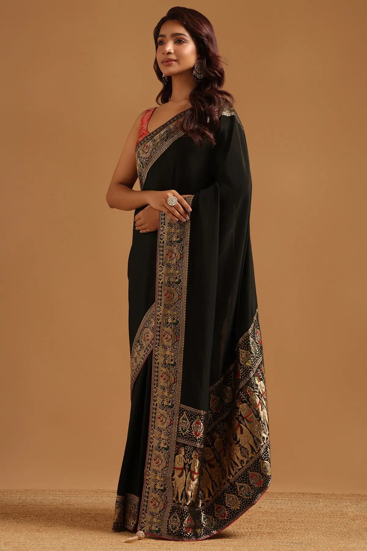 Black Satin Ethnic Motifs Zari Woven Saree