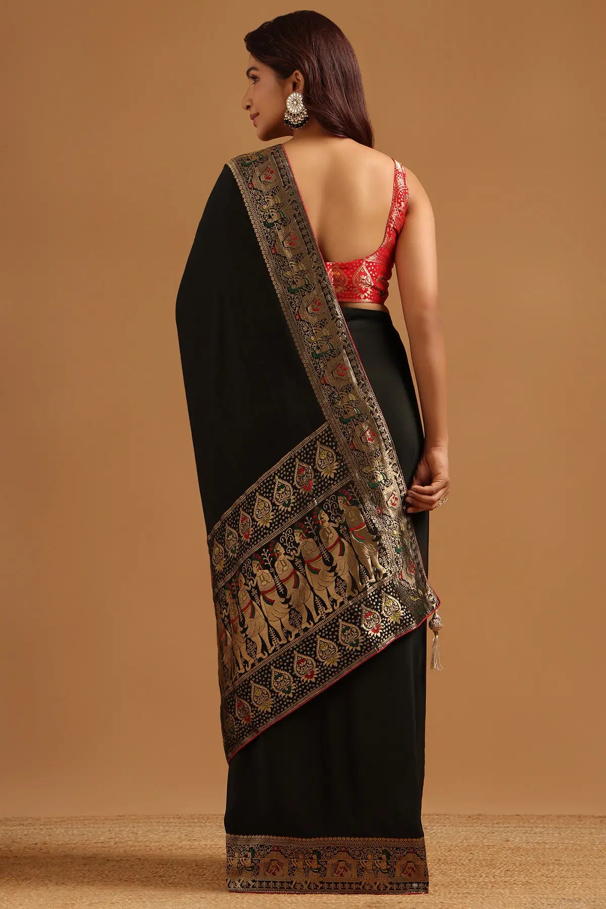 Black Satin Ethnic Motifs Zari Woven Saree