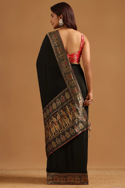 Black Satin Ethnic Motifs Zari Woven Saree