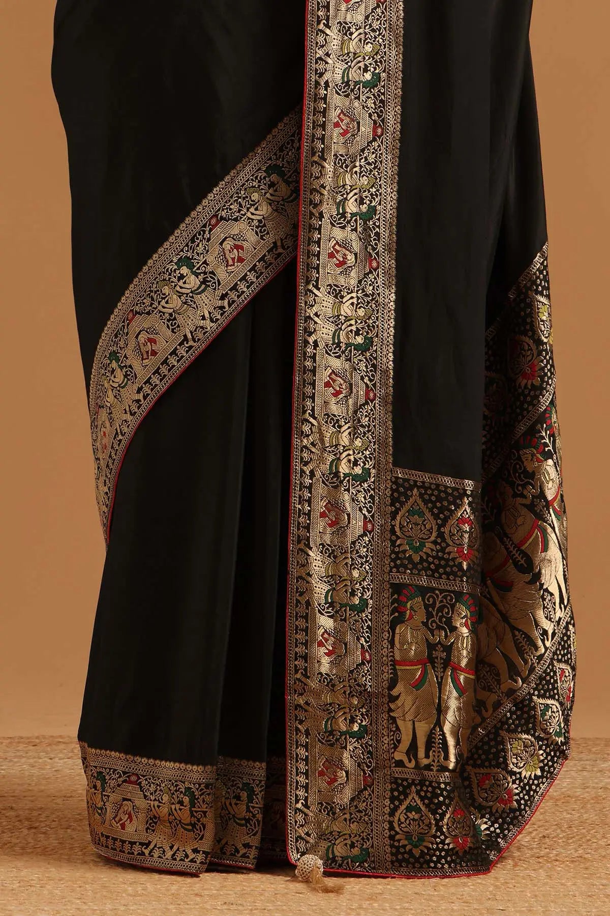 Black Satin Ethnic Motifs Zari Woven Saree