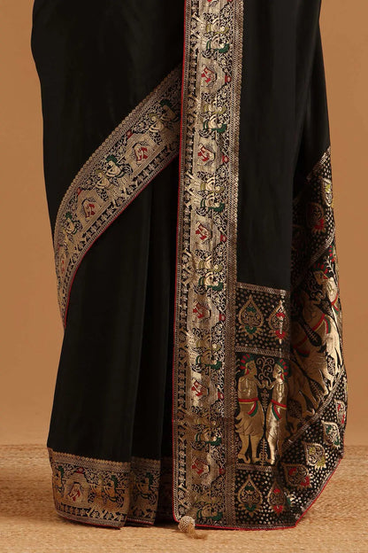 Black Satin Ethnic Motifs Zari Woven Saree