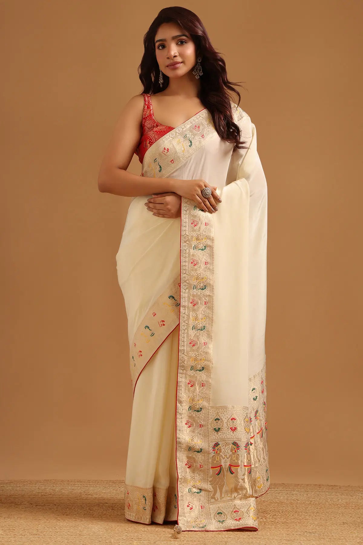 Cream Satin Ethnic Motifs Zari Woven Saree