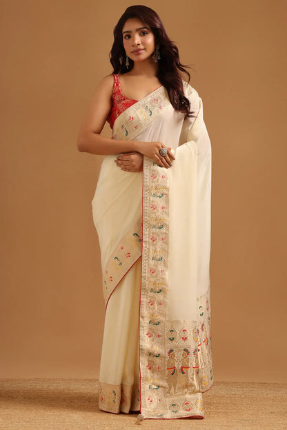 Cream Satin Ethnic Motifs Zari Woven Saree