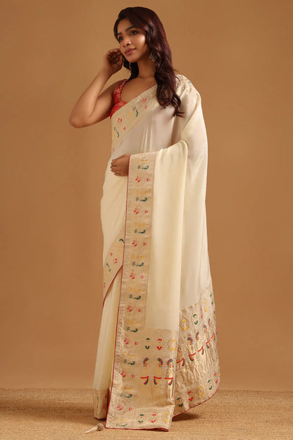 Cream Satin Ethnic Motifs Zari Woven Saree