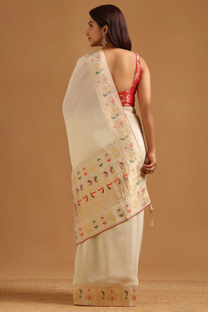 Cream Satin Ethnic Motifs Zari Woven Saree