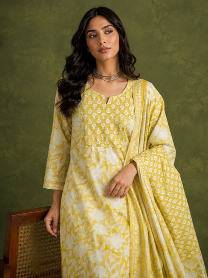 Lime Yellow Jaipuri Printed Cotton Suit